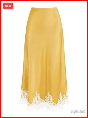 Lace Trim Satin Midi Skirt High Waisted Flowy A Line Long Skirt